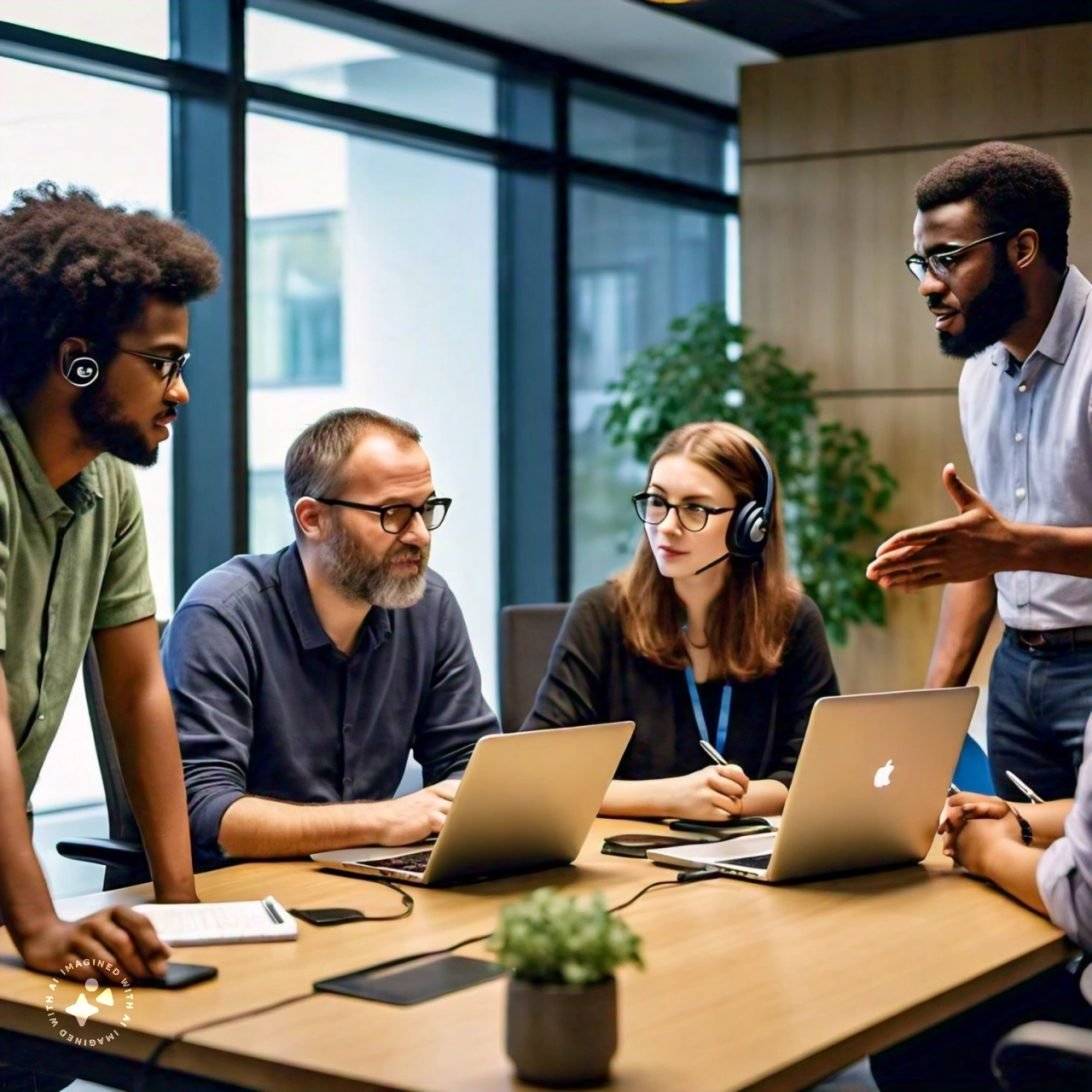 A software development team collaborating around laptops in an office